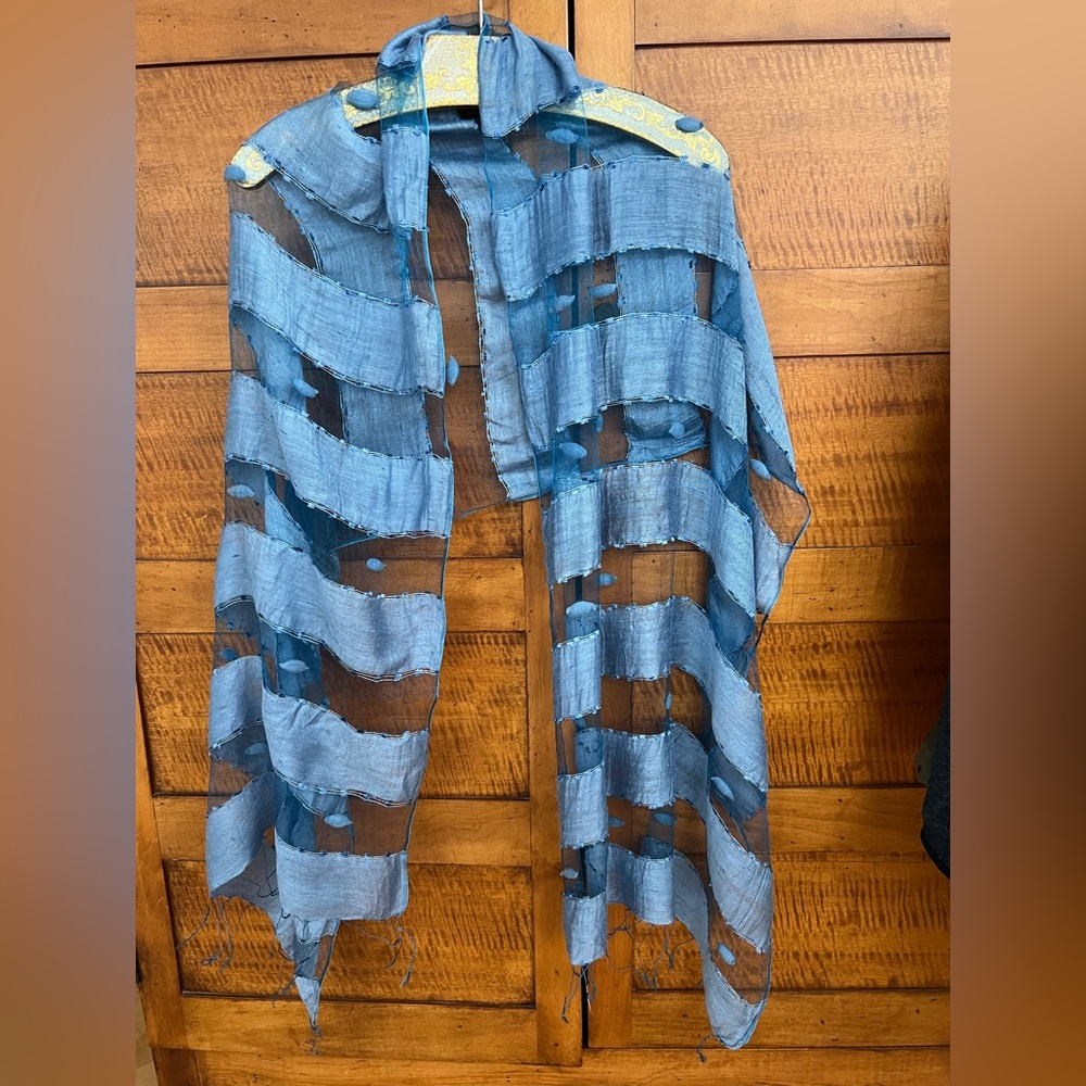 🪺New HAND WOVEN SILK PANEL SCARF/SHAWL-by BLUE PACIFIC | Vintage Denim Blue - Picture 13 of 17